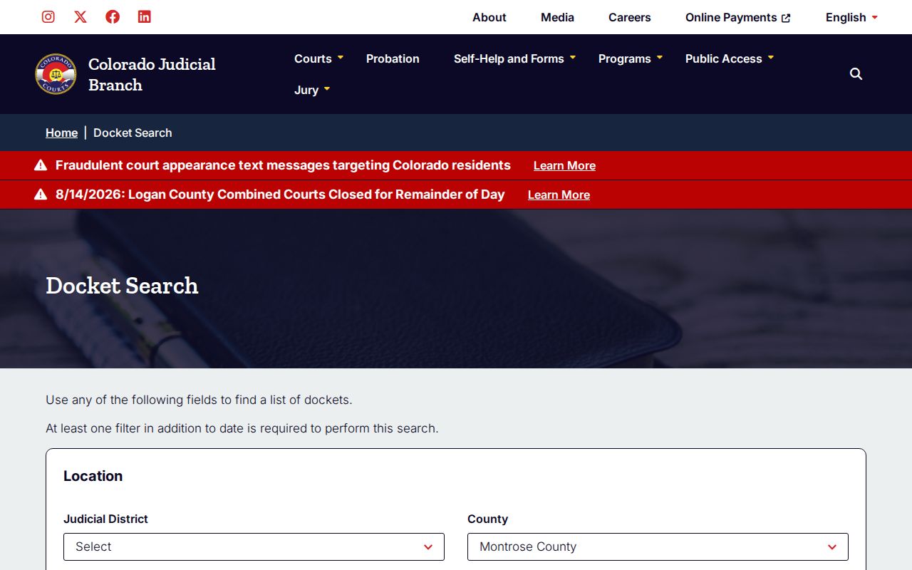 Montrose County court schedule filtered docket calendar