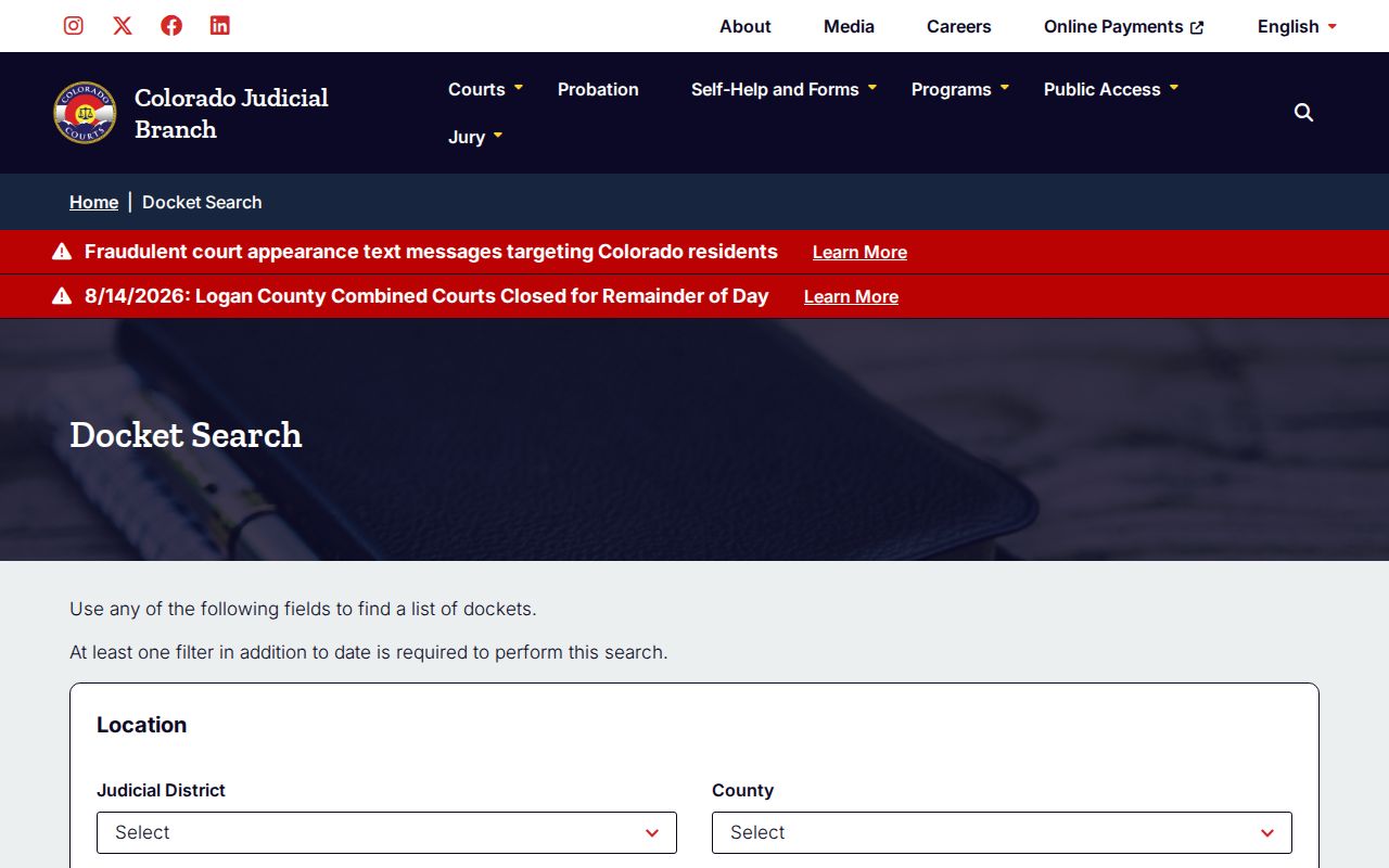Montrose County docket search fields on the Colorado Judicial Branch form