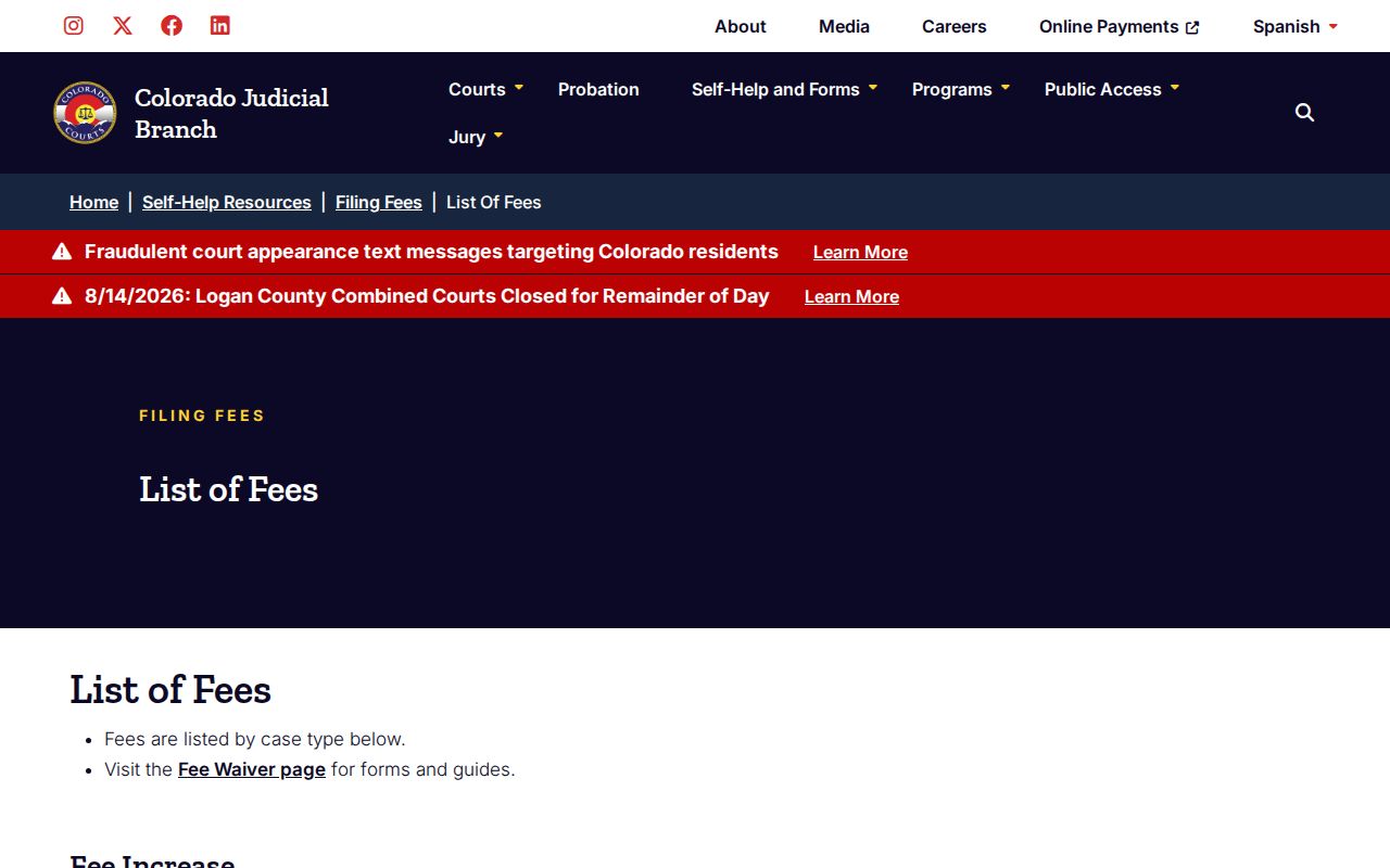 Montrose County court record fee schedule