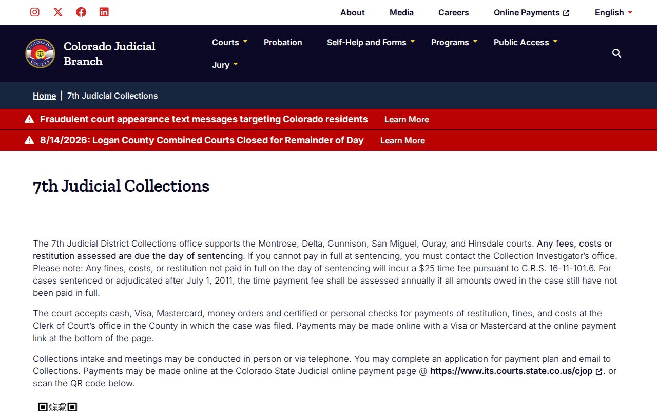 Montrose County traffic court payment methods and fees