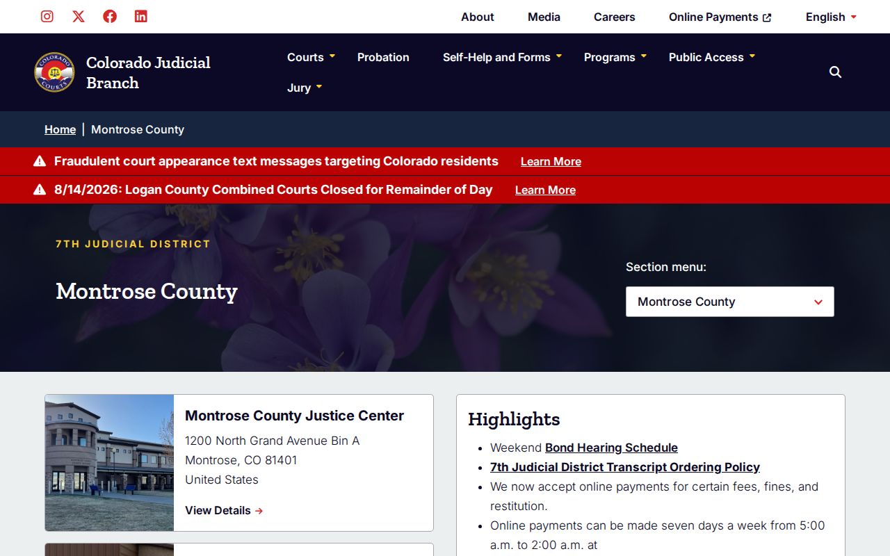 Nucla court docket locations for Montrose and Nucla state courts