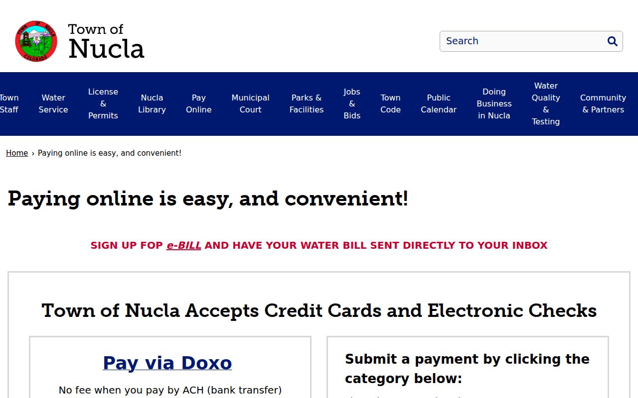Nucla court records and Town court-cost payment page