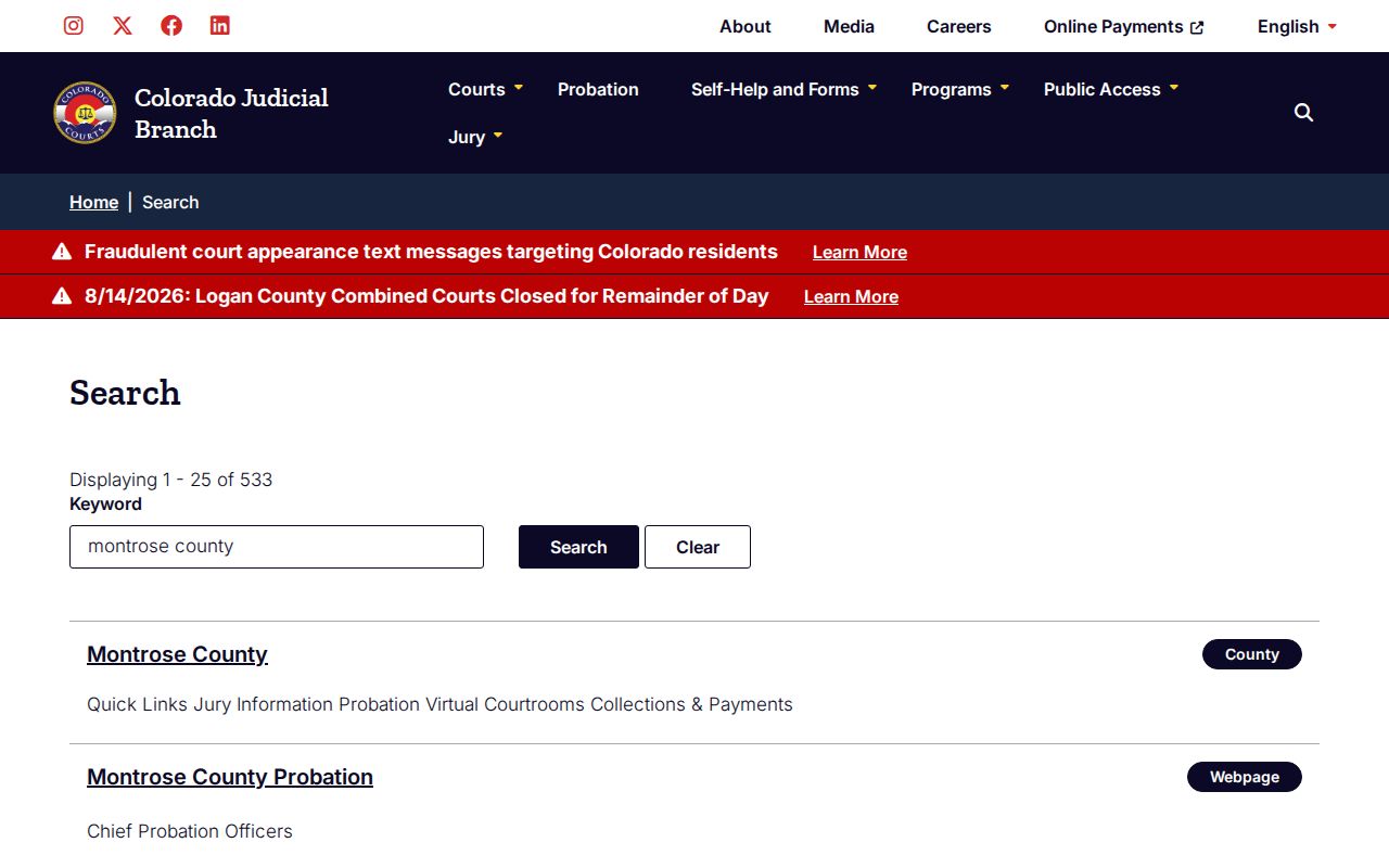 Montrose County court docket Judicial Branch search page